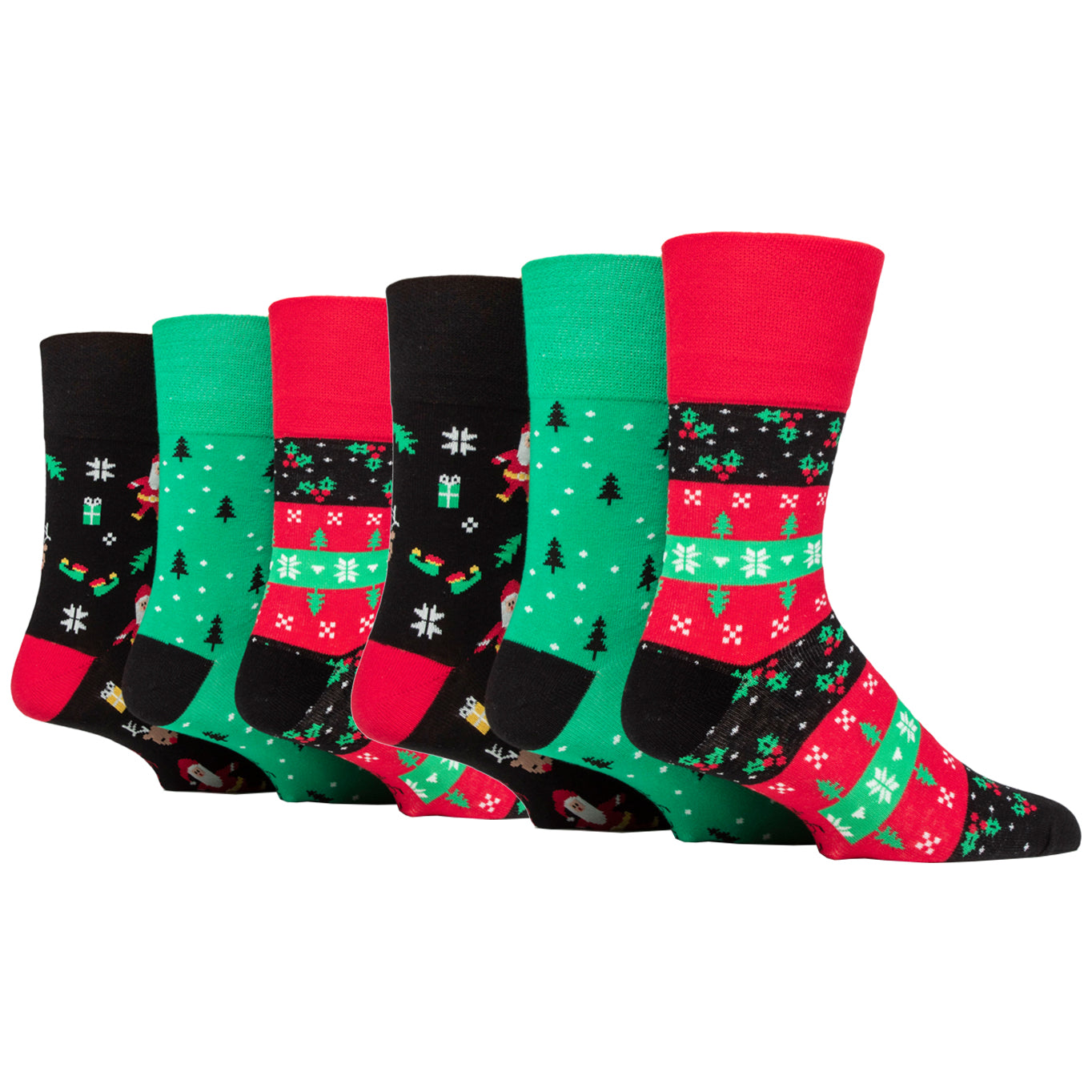 6 Pairs Men's Gentle Grip Fun Feet Christmas Cotton Socks - Holly/Trees/Santa