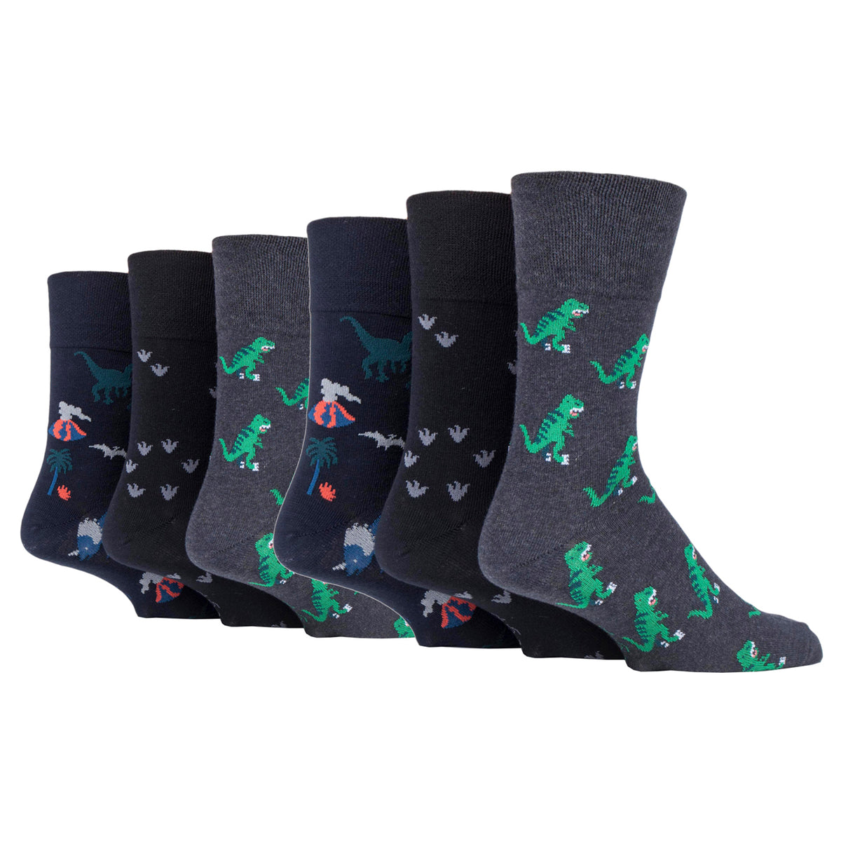 6 Pairs Men's Fun Feet Cotton Socks - Dinosauria