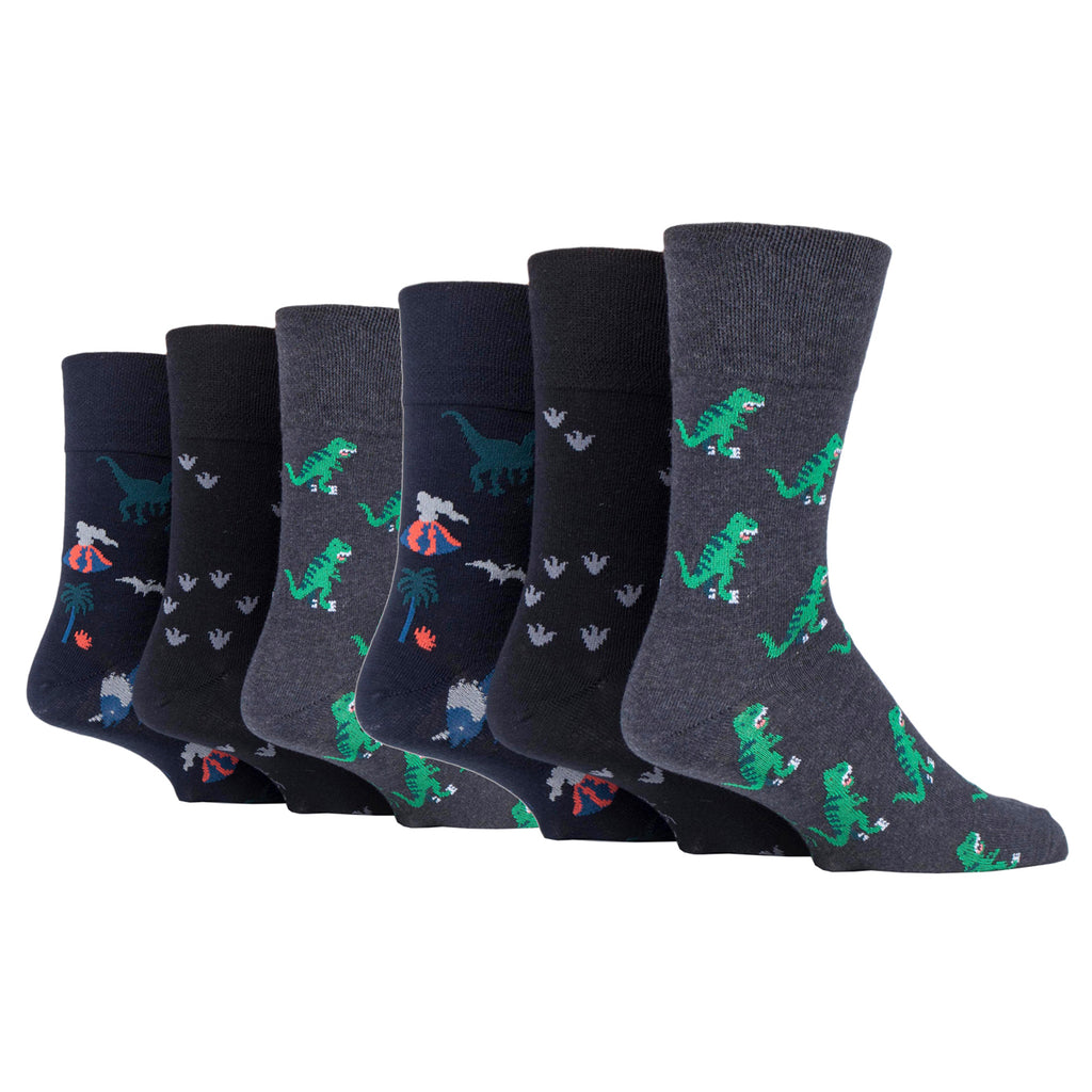 6 Pairs Men's Gentle Grip Fun Feet Cotton Socks - Dinosauria