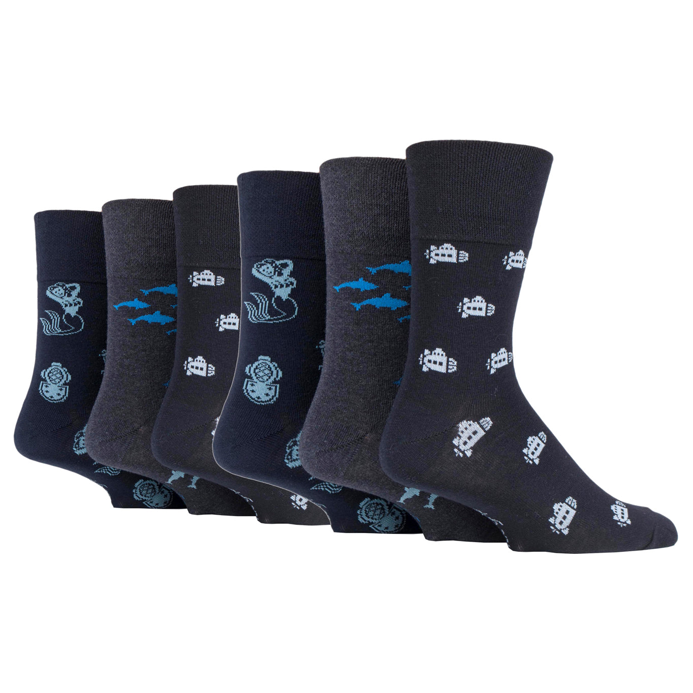 6 Pairs Men's Gentle Grip Fun Feet Cotton Socks - Deep Sea