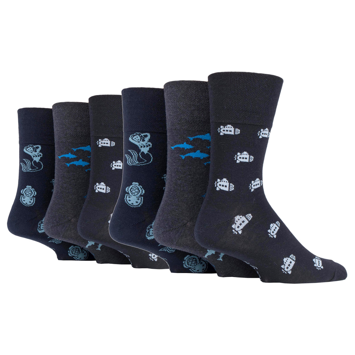 6 Pairs Men's Fun Feet Cotton Socks - Deep Sea