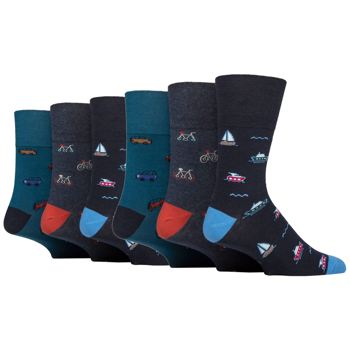 6 Pairs Men's Fun Feet Cotton Socks - Vehicles