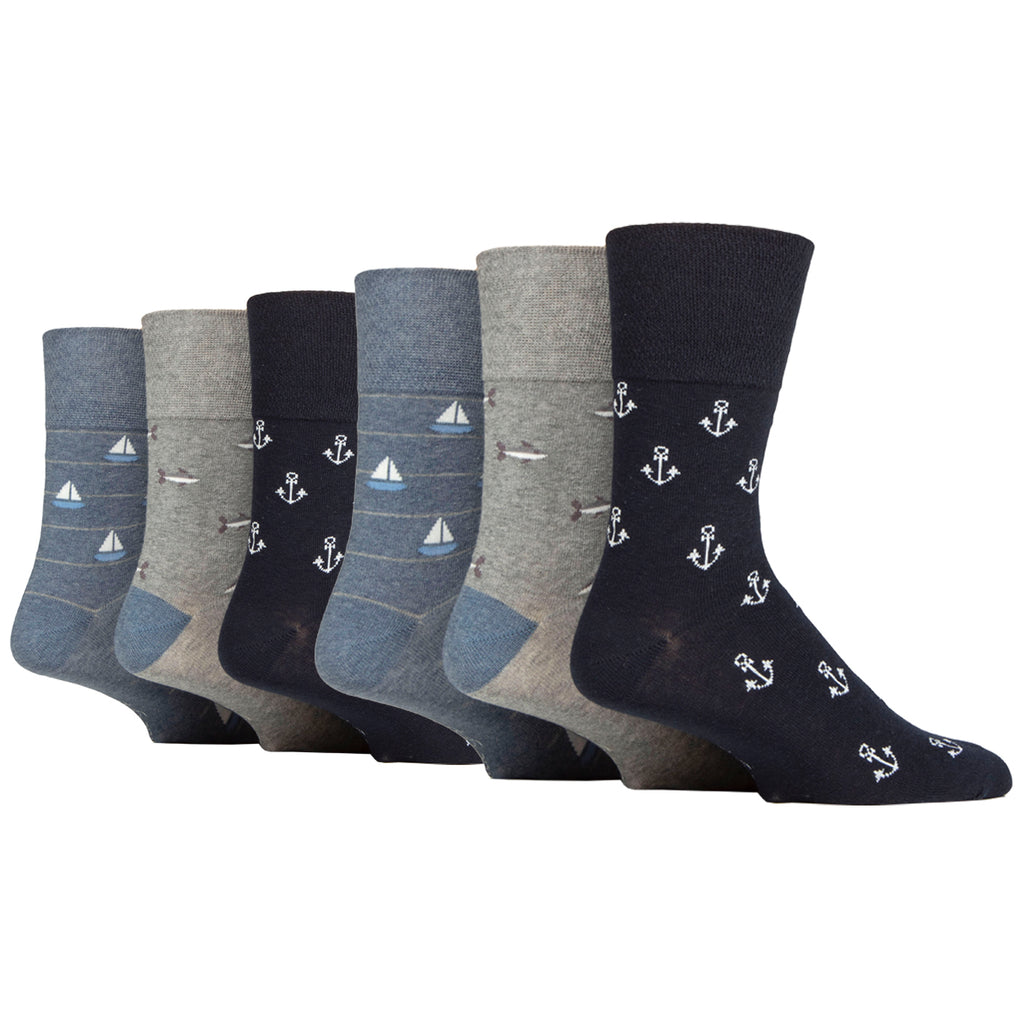 6 Pairs Mens Gentle Grip Cotton Socks - Holiday Anchor/Boat/Shark