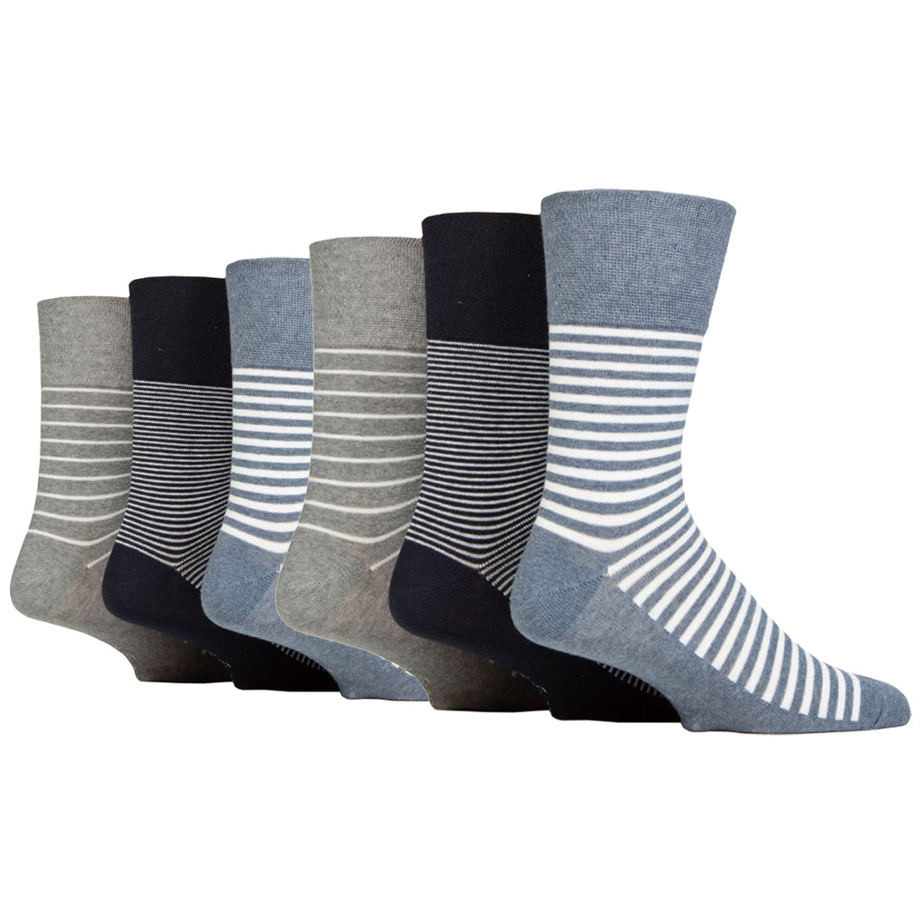 6 Pairs Mens Gentle Grip Cotton Socks - Holiday Navy/Denim/Grey Stripe