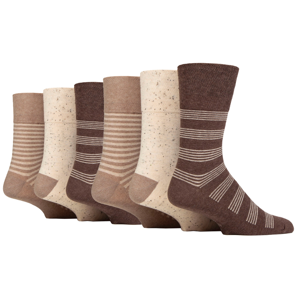 6 Pairs Mens Gentle Grip Cotton Socks - Holiday Mid Brown/Cream/Dark Brown
