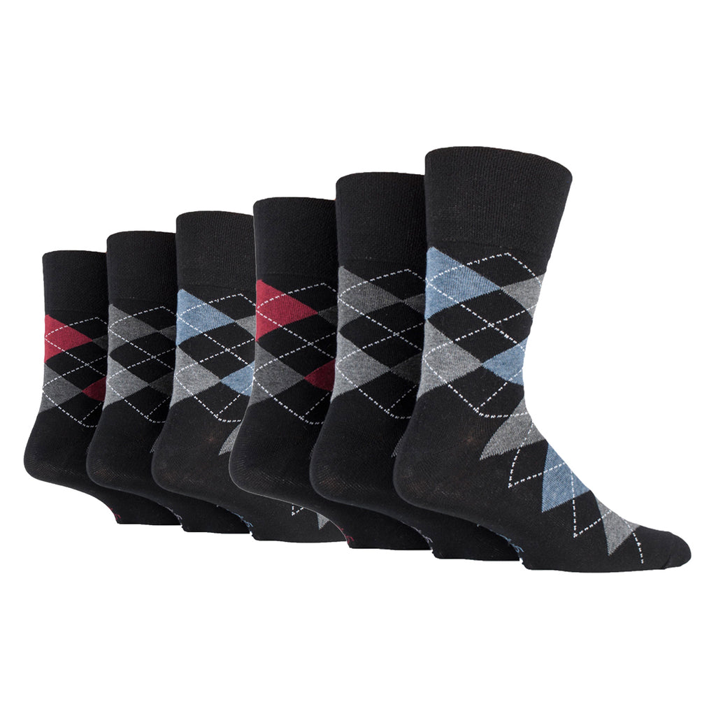 6 Pairs Men's Gentle Grip Cotton Socks Argyle Black