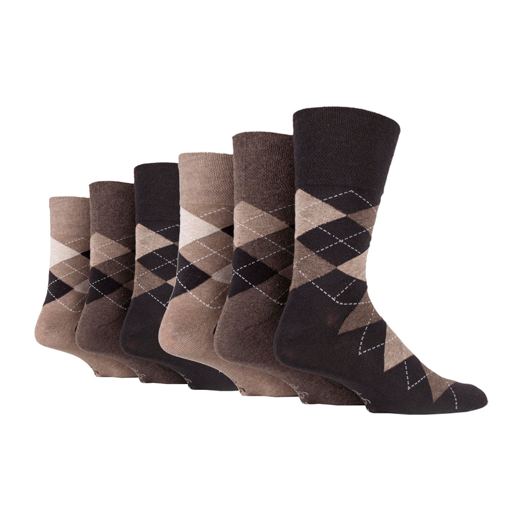 6 Pairs Men's Bigfoot Gentle Grip Cotton Socks - Argyle Neutrals