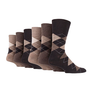 6 Pairs Men's Gentle Grip Argyle Cotton Socks - Neutrals