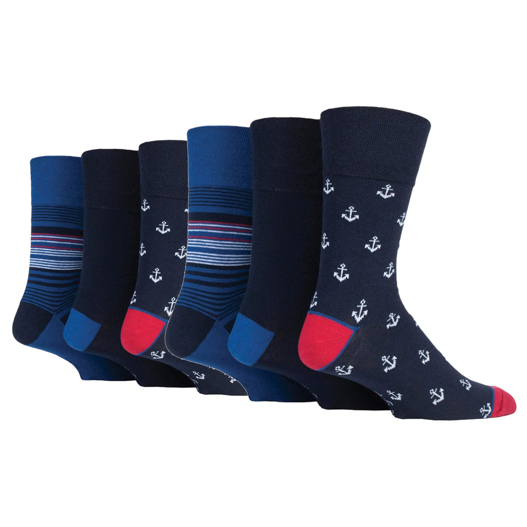 6 Pairs Men's Gentle Grip Cotton Socks - Nautical
