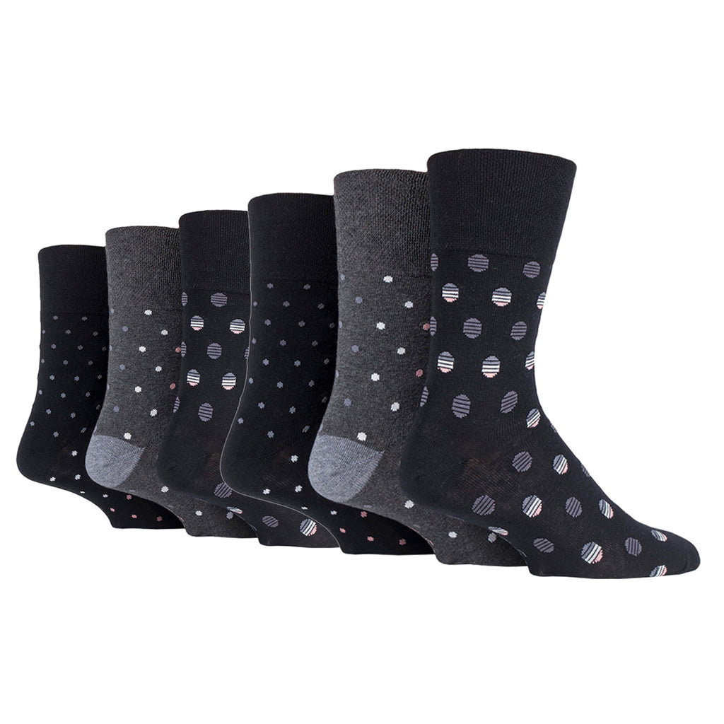 6 Pairs Men's Gentle Grip Cotton Socks Polka Pop - Black/Charcoal