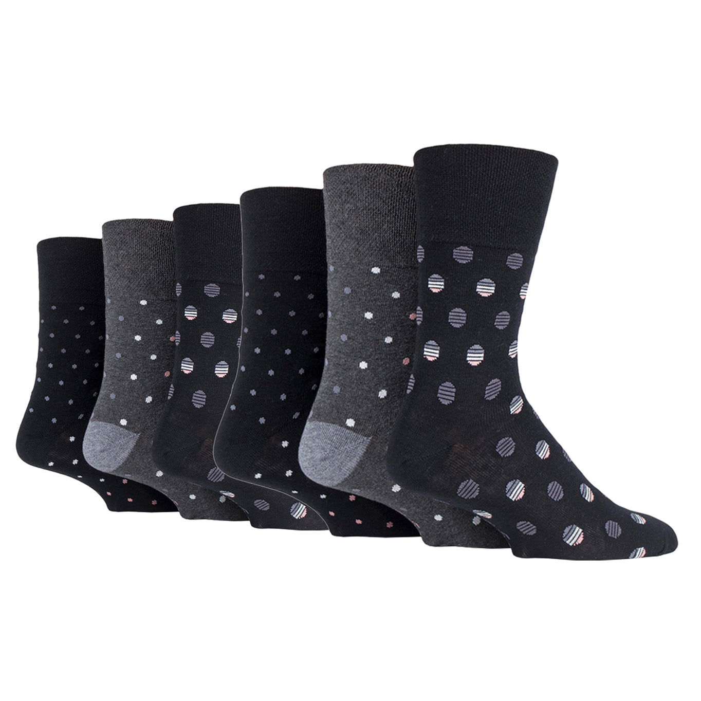 6 Pairs Ladies Plus Size 6-11 Gentle Grip Cotton Socks Polka Pop Black/Charcoal