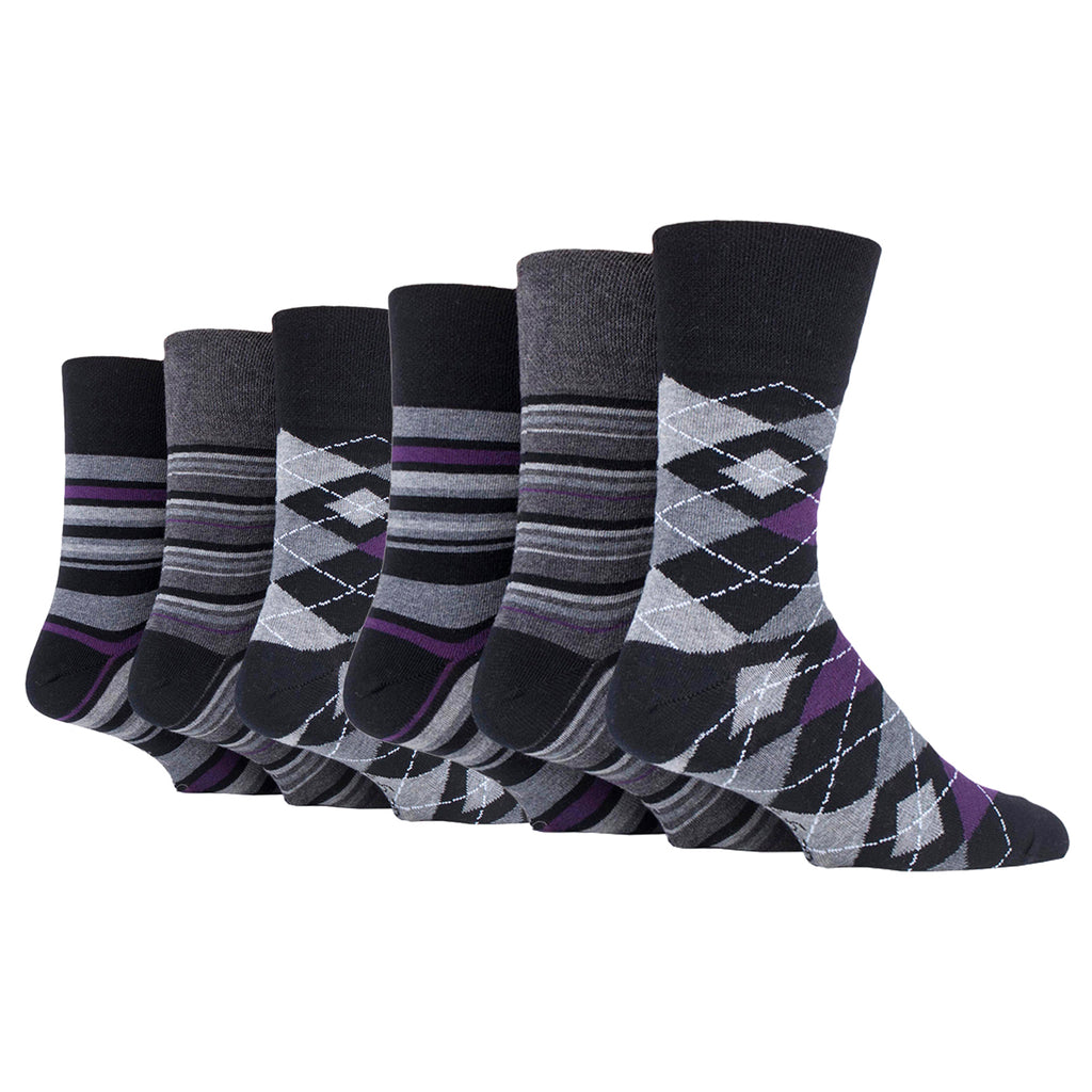 6 Pairs Men's Gentle Grip Argyle Cotton Socks - Formality Black/Charcoal