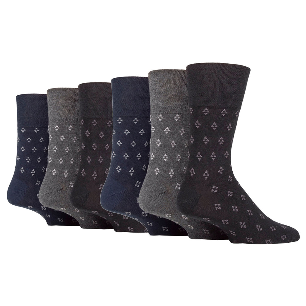 6 Pairs Men's Gentle Grip Twilight Triangle Repeat Cotton Socks - Black/Navy/Charcoal
