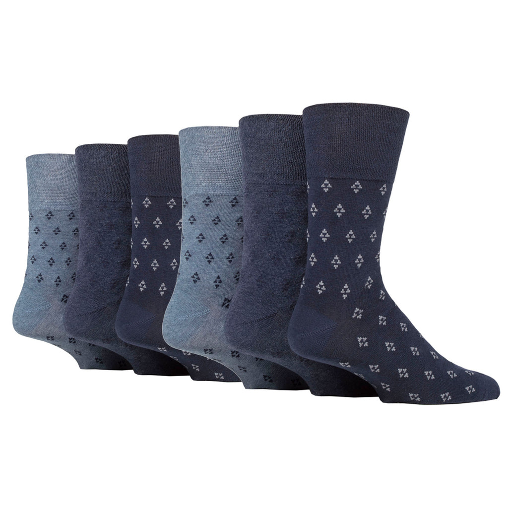 6 Pairs Men's Gentle Grip Cotton Socks Twilight Triangle Repeat Navy/Denim