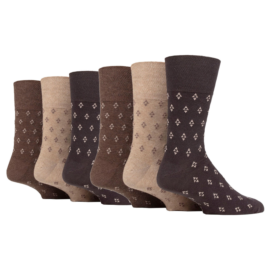 6 Pairs Men's Gentle Grip Twilight Triangle Repeat Cotton Socks - Brown/Natural