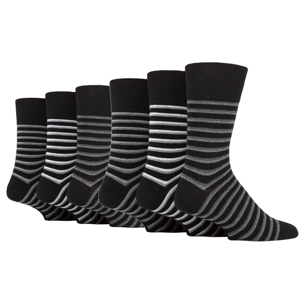6 Pairs Men's Gentle Grip Cotton Socks Litha Varied Stripe Black