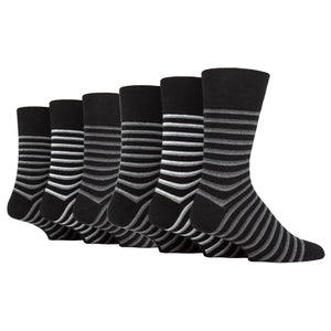 6 Pairs Men's Gentle Grip Litha Varied Stripe Cotton Socks - Black