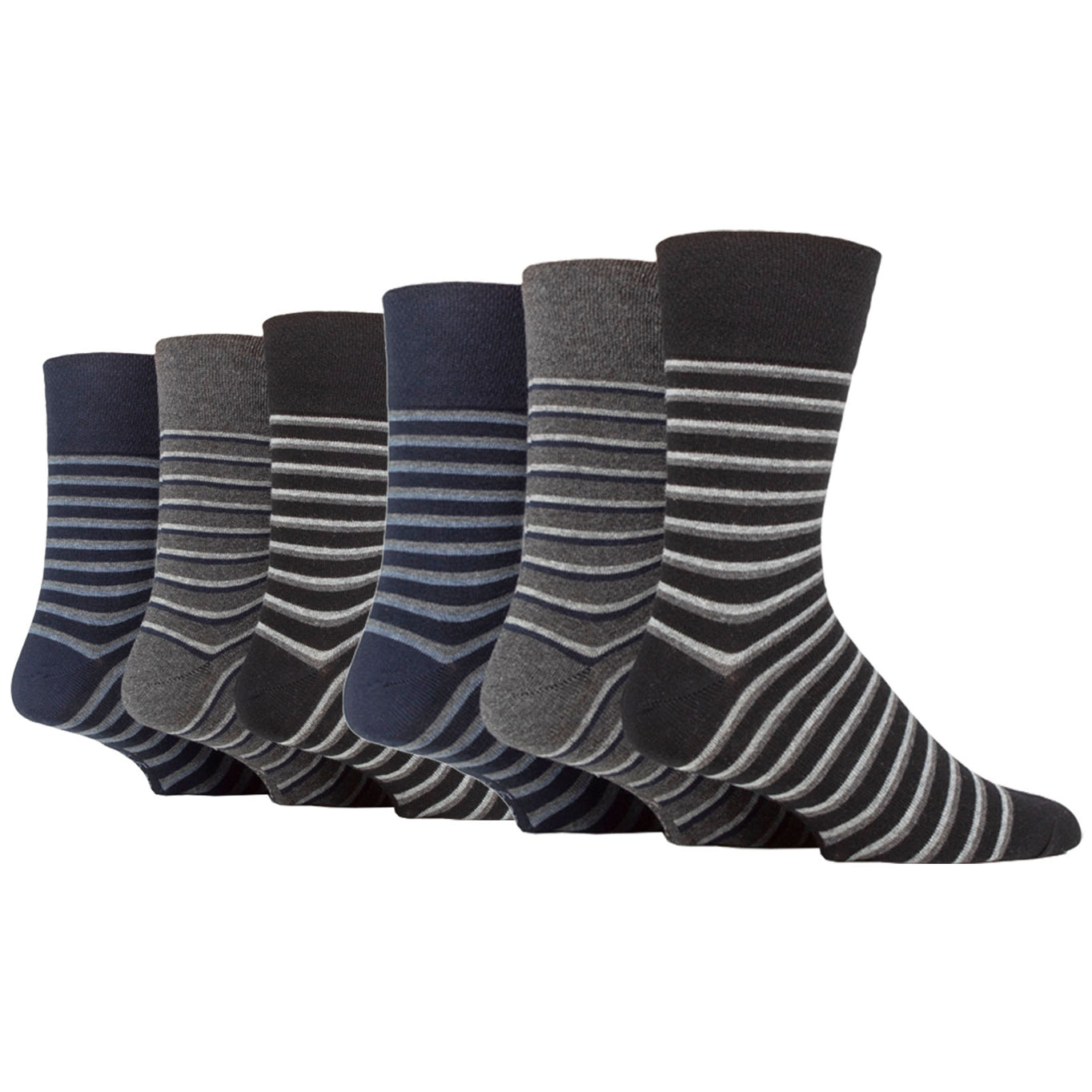 6 Pairs Men's Gentle Grip Litha Varied Stripe Cotton Socks - Black/Navy/Charcoal