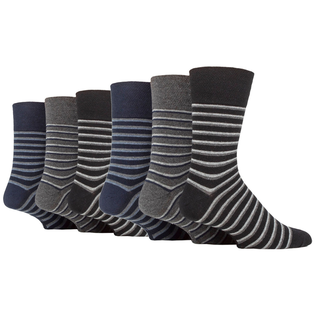 6 Pairs Men's Gentle Grip Cotton Socks Litha Varied Stripe Black/Navy/Charcoal