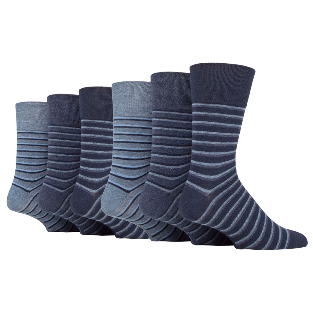 6 Pairs Men's Gentle Grip Litha Varied Stripe Cotton Socks - Navy/Denim