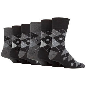 6 Pairs Men's Gentle Grip Argyle Cotton Socks - Leven Black/Charcoal