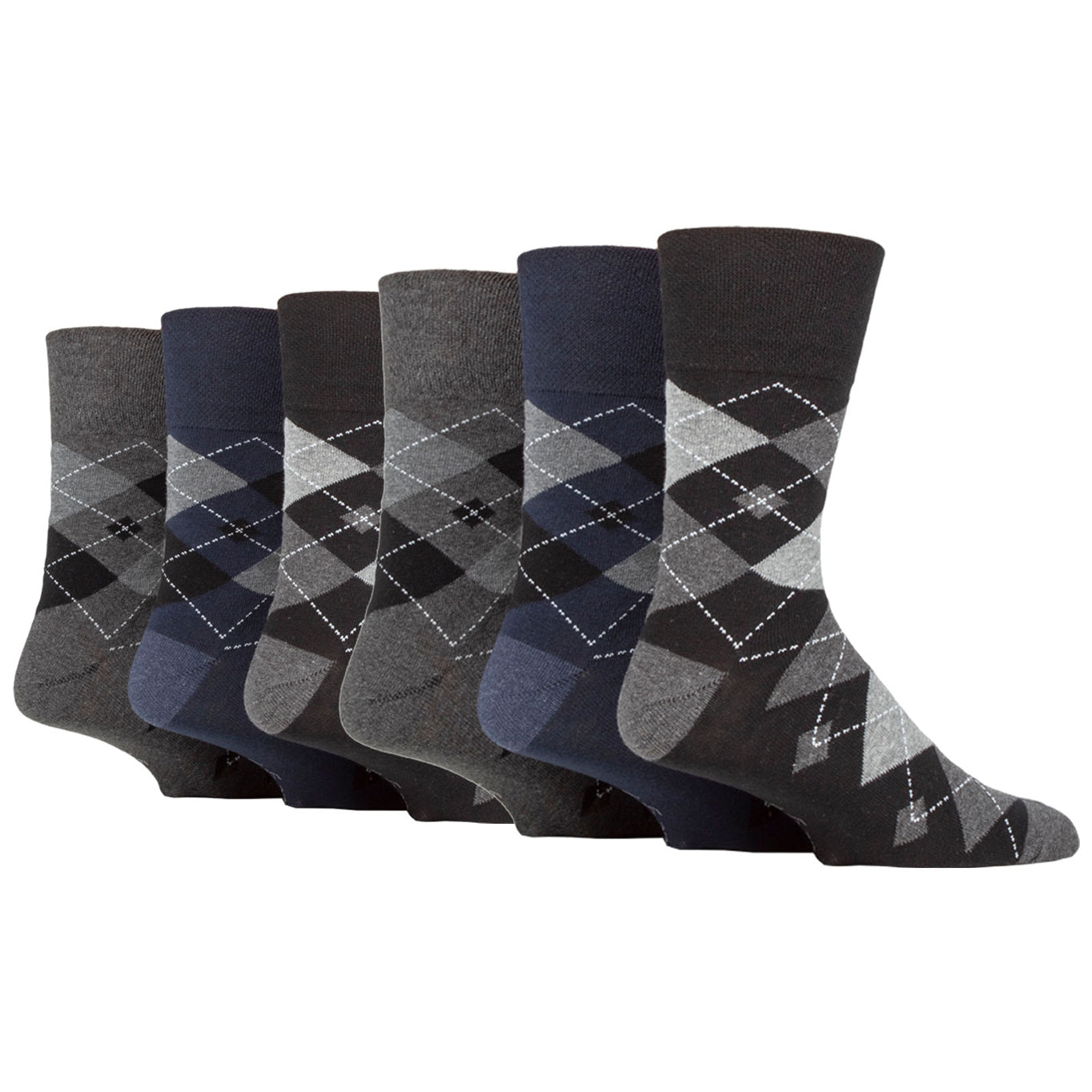 6 Pairs Men's Gentle Grip Argyle Cotton Socks - Leven Black/Navy/Charcoal