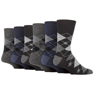 6 Pairs Men's Gentle Grip Cotton Socks Leven Argyle Black/Navy/Charcoal