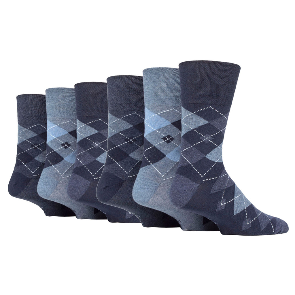 6 Pairs Men's Gentle Grip Argyle Cotton Socks - Leven Navy/Denim