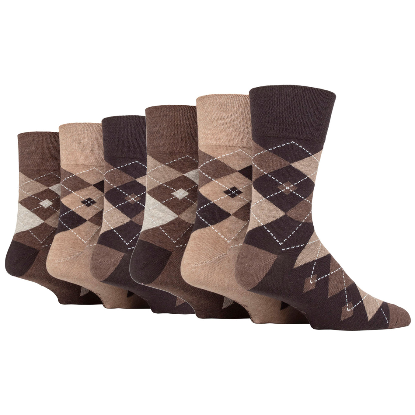 6 Pairs Men's Gentle Grip Cotton Socks Leven Argyle Brown/Natural