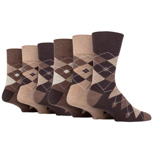 6 Pairs Men's Gentle Grip Argyle Cotton Socks - Leven Brown/Natural