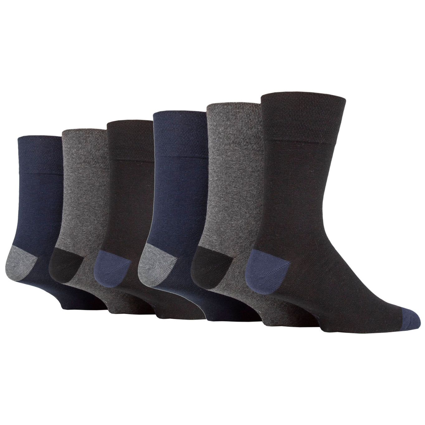 6 Pairs Men's Gentle Grip Cotton Socks Apex Contrast Heel & Toe Black/Navy/Charcoal