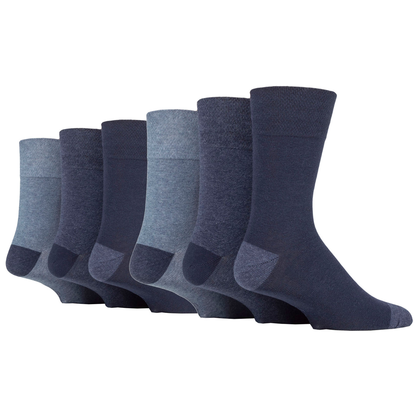 6 Pairs Men's Gentle Grip Cotton Socks Apex Contrast Heel & Toe Navy/Denim