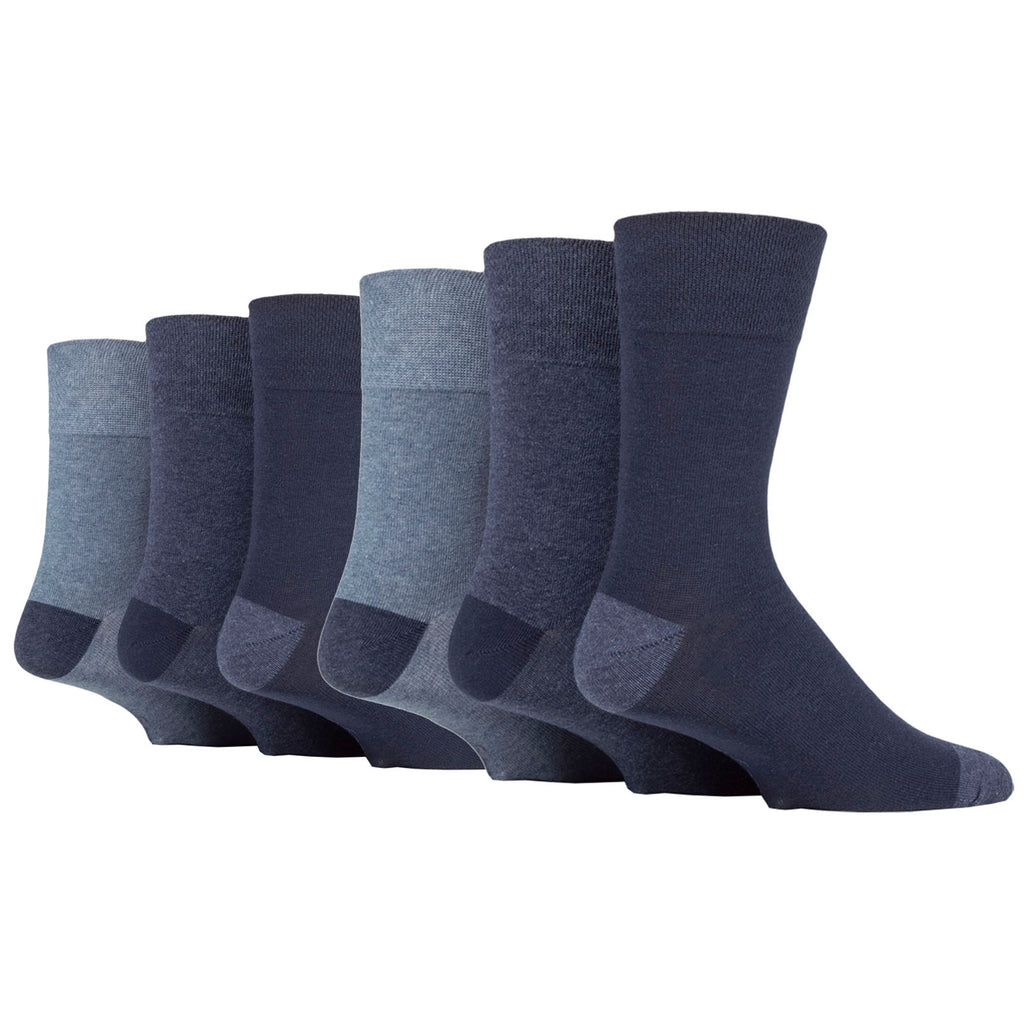 6 Pairs Men's Gentle Grip Apex Contrast Heel & Toe Cotton Socks - Navy/Denim