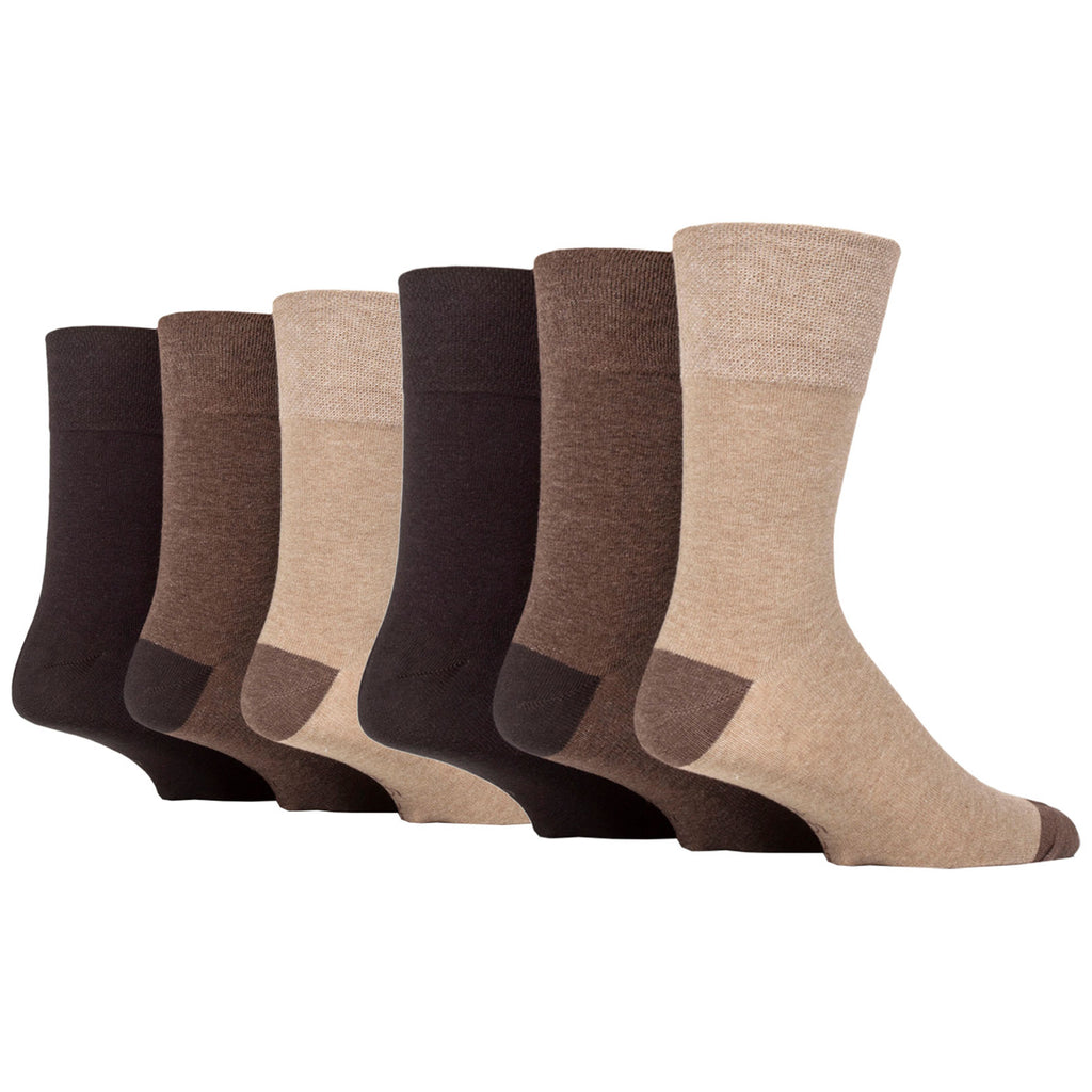 6 Pairs Men's Gentle Grip Apex Contrast Heel & Toe Cotton Socks - Brown/Natural