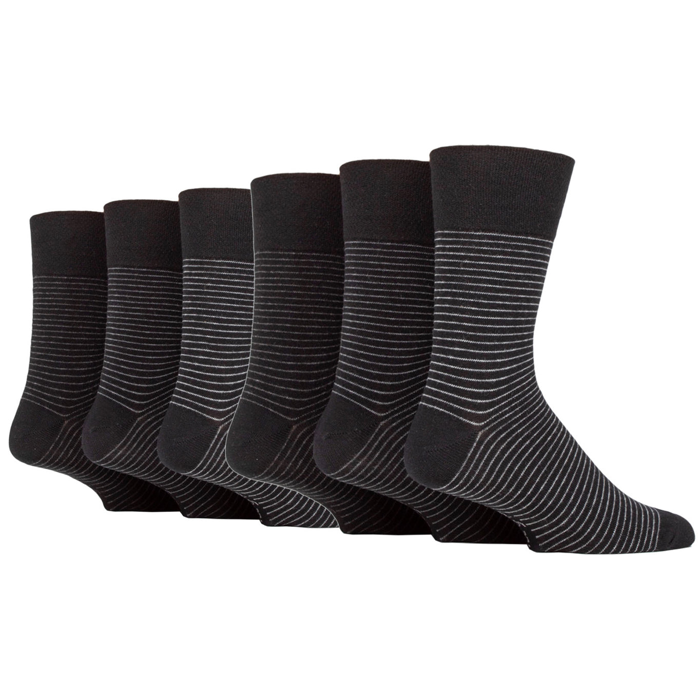 6 Pairs Men's Gentle Grip Nova Fine Stripe Cotton Socks - Black