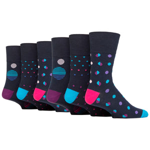 6 Pairs Ladies Plus Size Gentle Grip Colourburst Cotton Socks - Vibrant Spots