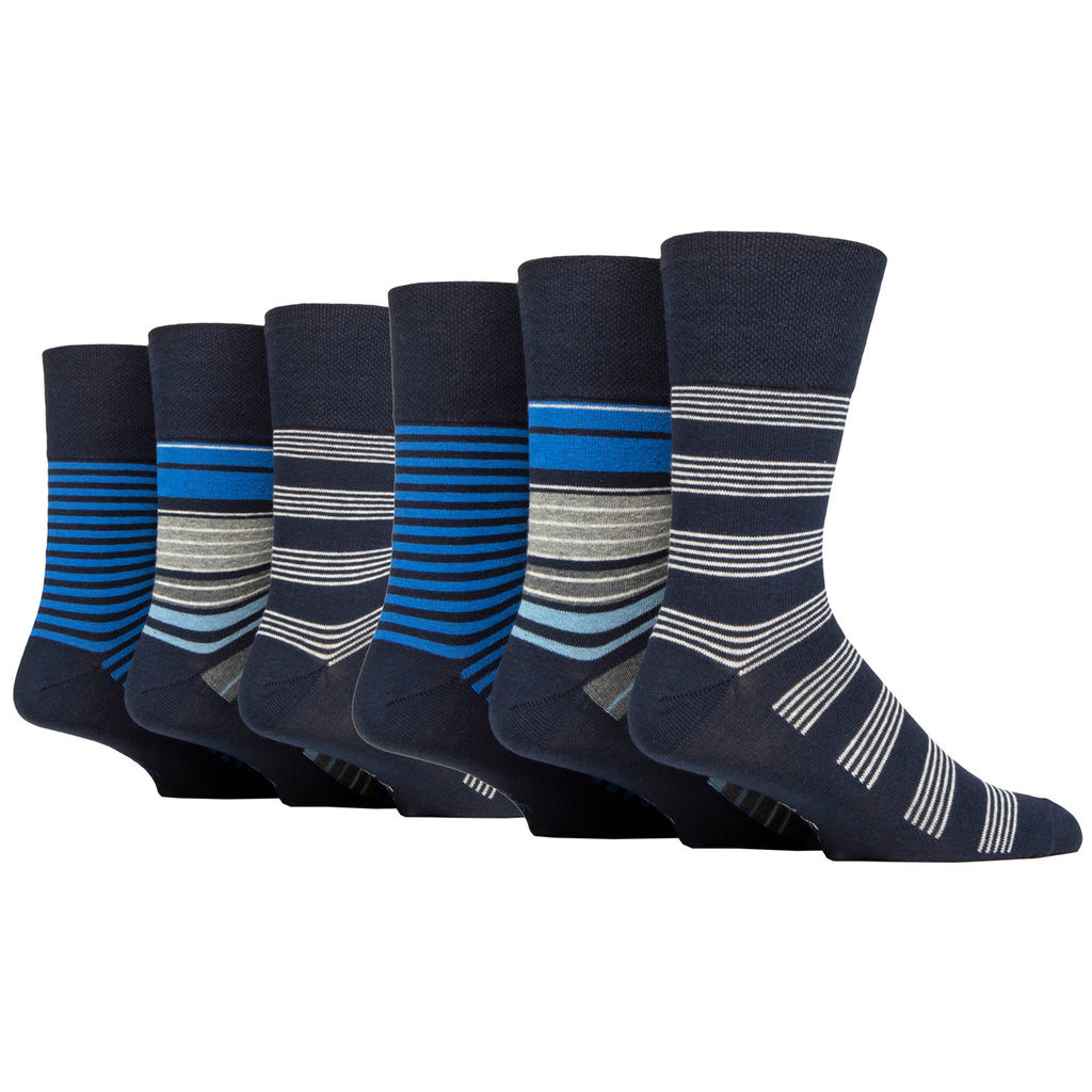 6 Pairs Men's Gentle Grip Cotton Socks - Navy Stripe