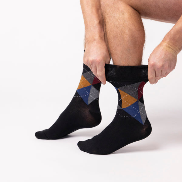 6 Pairs Men's Argyle Cotton Socks - Black Argyle