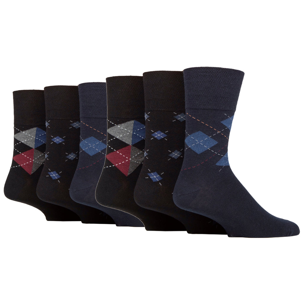 6 Pairs Men's Gentle Grip Argyle Cotton Socks - Black Argyle
