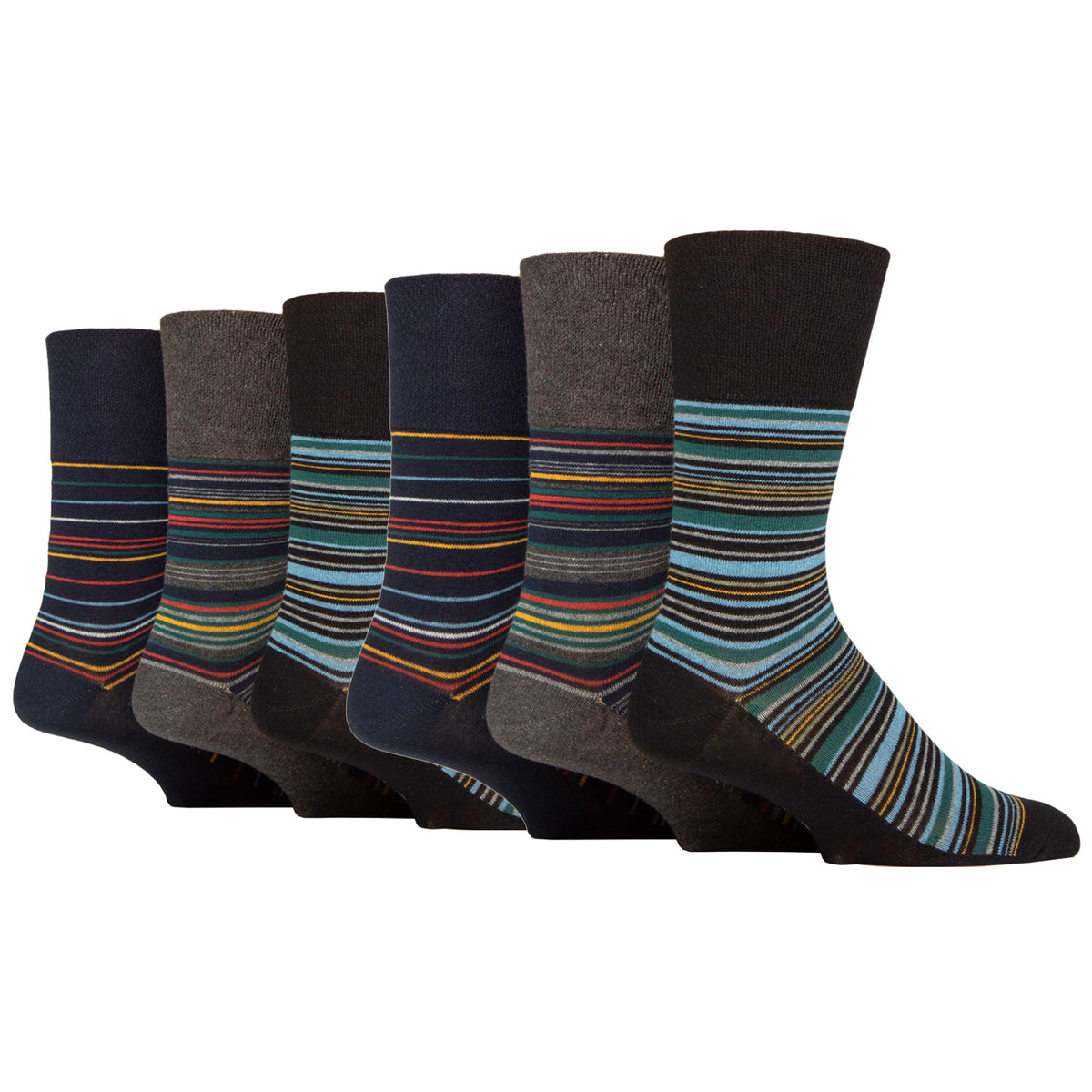 6 Pairs Men's Cotton Socks -  Milano Stripe Black Mix