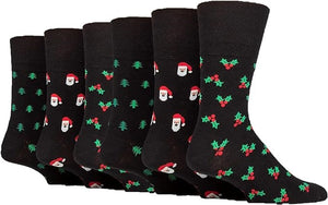 6 Pairs Men's Gentle Grip Fun Feet Christmas Cotton Socks - Santa/Holly/Trees Black