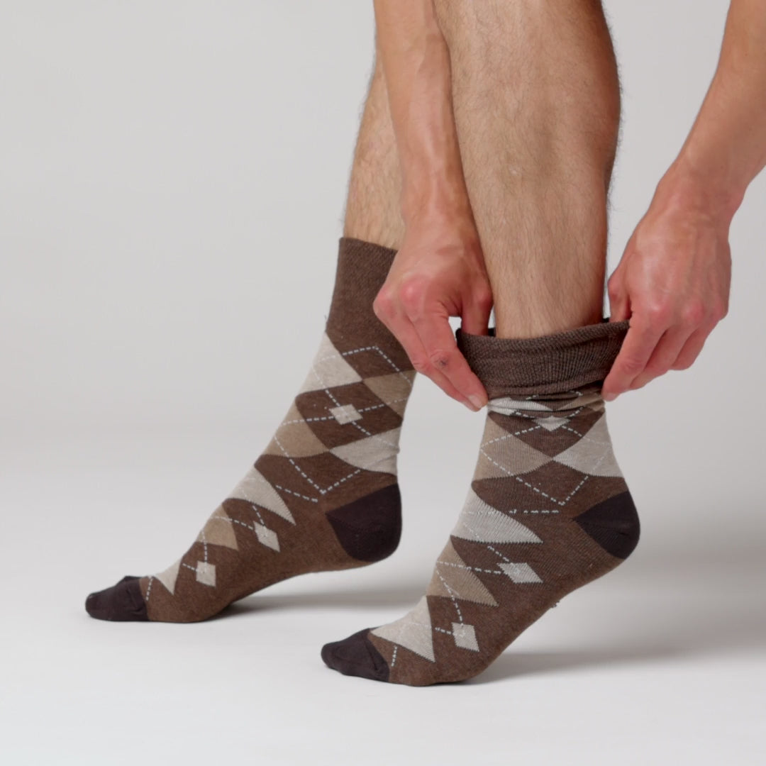 6 Pairs Men's Argyle Cotton Socks - Leven Brown/Natural