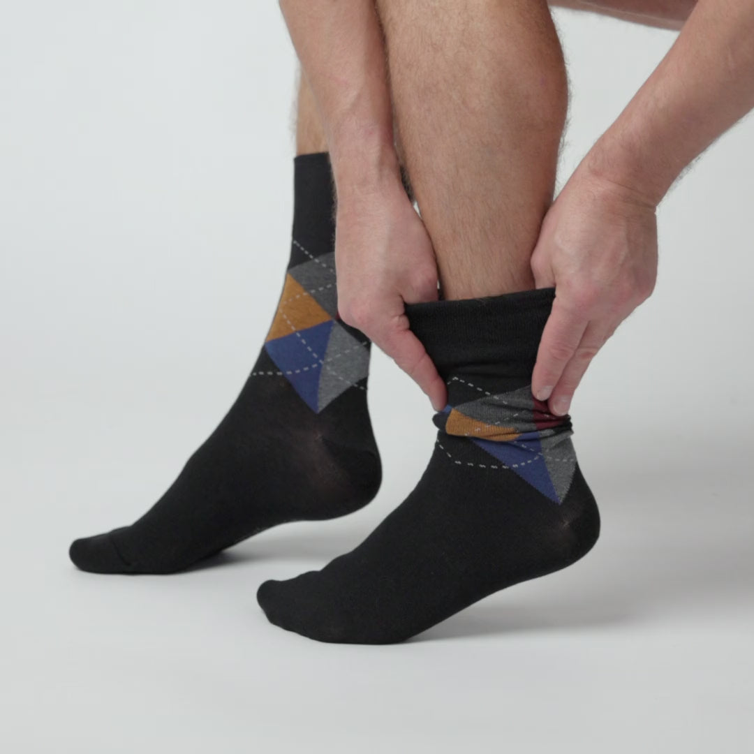 6 Pairs Men's Argyle Cotton Socks - Black Argyle