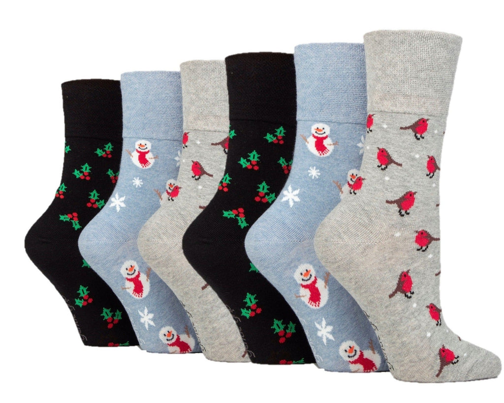6 Pairs Ladies Gentle Grip Fun Feet Christmas Cotton Socks - Robins/Holly/Snowmen