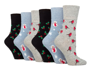 6 Pairs Ladies Gentle Grip Cotton Socks Fun Feet Christmas Robins/Holly/Snowmen