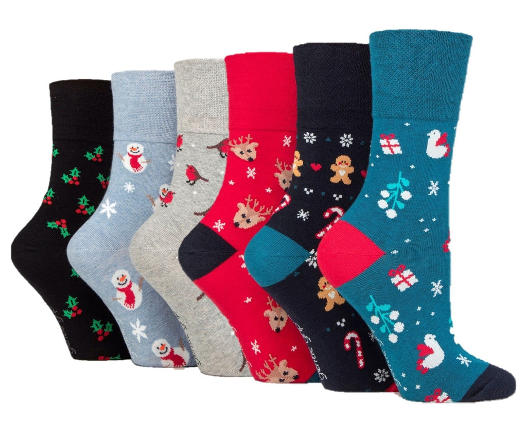 6 Pairs Ladies Gentle Grip Fun Feet Christmas Cotton Socks - Full Mix