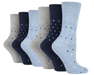 6 Pairs Ladies Plus Size Gentle Grip Cotton Socks - Denim Polka Dots