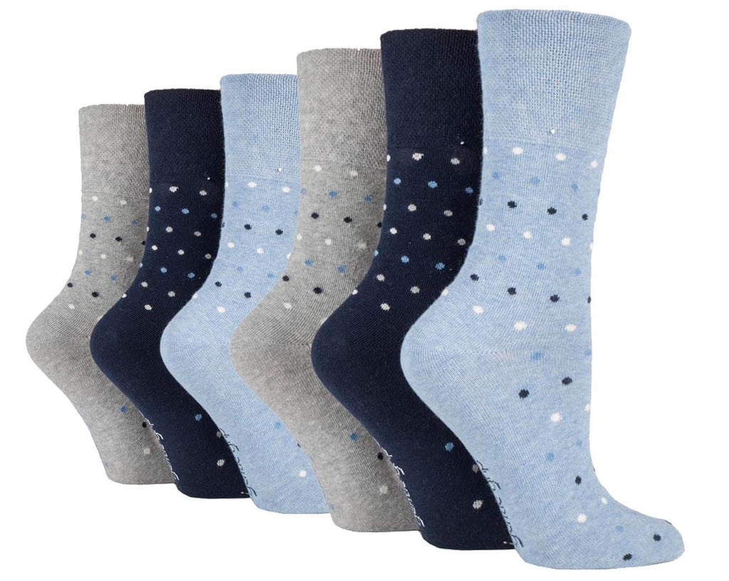 6 Pairs Men's Gentle Grip Cotton Socks - Denim Polka Dots