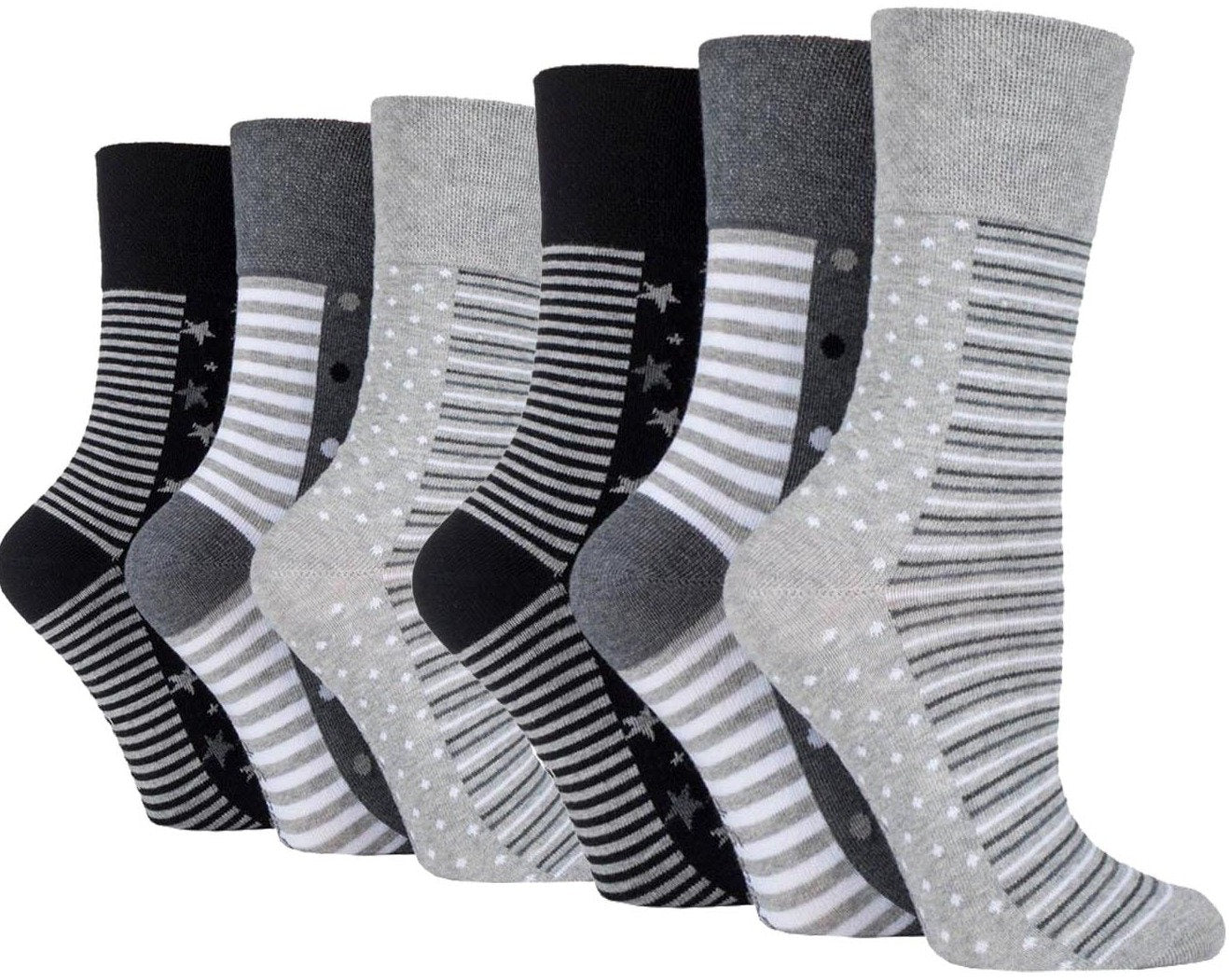 6 Pairs Men's Gentle Grip Cotton Socks - Mono Spot Stripe
