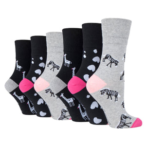 6 Pairs Ladies Gentle Grip Fun Feet Cotton Socks - Zebra Life